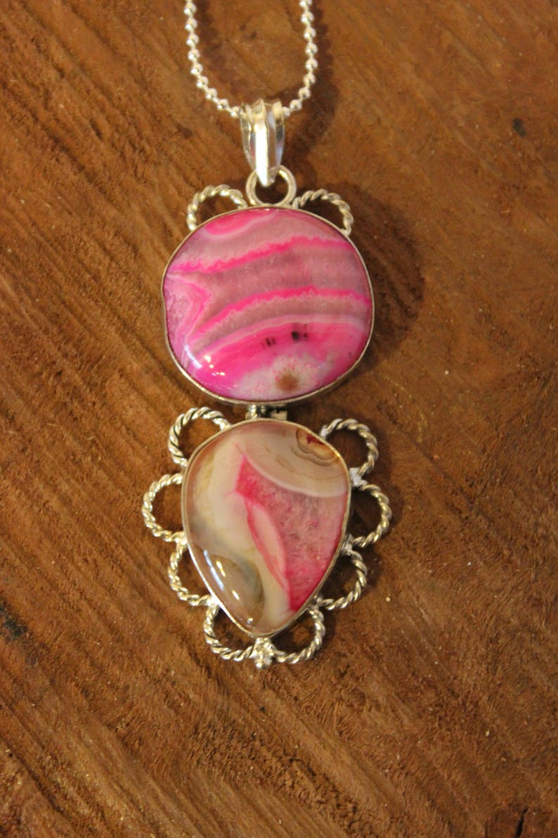 Pink Valentine Onyx Necklace Double Pink Onyx Pendant on Silver chain Hand Crafted Onyx Necklace Multi Pink Colored Onyx Necklace