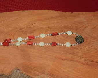 Auction Find, Carved Flower Moonstone, Oblong Red Jasper,Round Crystal beads, Center Oval Moss Green Jasper Designer Necklace