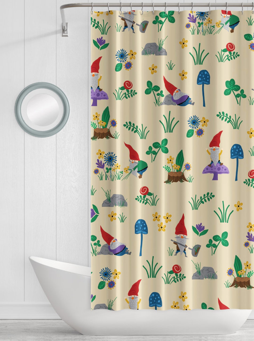 Gnome Shower Curtain, Garden Gnome Bathroom Decor, Spring Home Decor