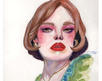 8x8" Fine Art Print Signed, Watercolor Stylish Woman Fashion Portrait, Wall Decor, Original Artwork