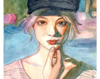 8x8" Fine Art Print Signed, Watercolor Woman with Hat Portrait, Wall Decor, Original Artwork