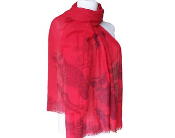 Owl Shawl, Owl Print Scarf, Red Scarf, Owl Lover Shawl, Boho Scarf, Fashion Soft Scarf