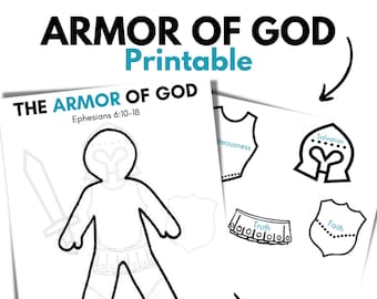 May include: A printable coloring page featuring a soldier wearing the armor of God. The page includes a figure of a soldier with a sword and shield, and separate pieces to cut out and glue on, including a helmet, breastplate, belt, shoes, and shield. The text "The Armor of God" and "Ephesians 6:10-18" is included on the page.
