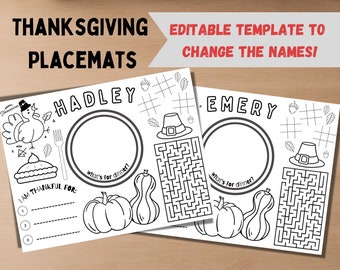 Thanksgiving Tischset, ich bin dankbar für, Thanksgiving Tischdekor, Thanksgiving Tischkarten, Thanksgiving Färbung Tischset, Gedeck