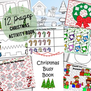 May include: A Christmas activity book with 12 pages of activities for kids. The book includes activities like matching, counting, tracing, and writing numbers. The cover of the book features a Christmas tree and the text "12 Pages Christmas Activity Book".