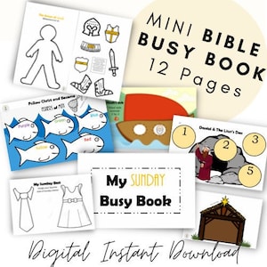 May include: A digital download for a 12-page mini Bible busy book for kids. The cover features a colorful illustration of a boat with a red sail and the text "MINI BIBLE BUSY BOOK 12 Pages".