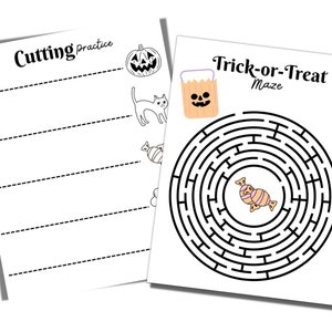 May include: A printable Halloween activity sheet with two activities: a cutting practice sheet with a pumpkin, cat, and candy, and a trick-or-treat maze with a candy at the center.