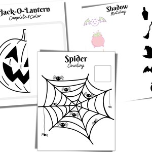 May include: Black and white printable Halloween activity sheets for kids. The sheets include a jack-o-lantern to complete and color, a spider counting activity, and a shadow matching game.