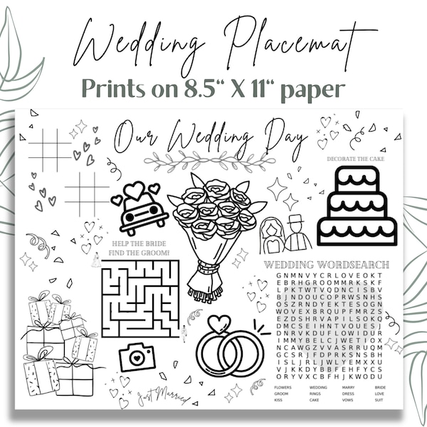 Wedding Coloring Placemat, wedding coloring pages, Wedding Activity, wedding placemat, Reception Game, Wedding Activity Placemat, kids table