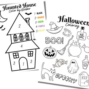 May include: A black and white coloring page featuring a haunted house, a witch's hat, a pumpkin, a cauldron, a ghost, a candy cane, a bone, a spider web, a bottle of potion, a tombstone, and the words "BOO!" and "SPOOKY".