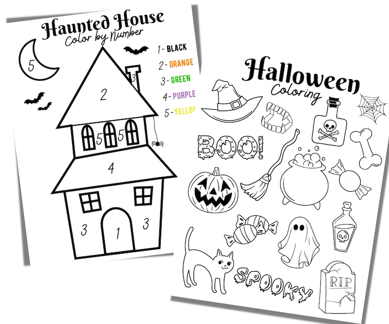 May include: A black and white coloring page featuring a haunted house, a witch's hat, a pumpkin, a cauldron, a ghost, a candy cane, a bone, a spider web, a bottle of potion, a tombstone, and the words "BOO!" and "SPOOKY".