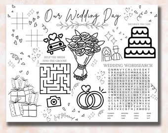 May include: A black and white printable wedding activity sheet with games and puzzles. The sheet includes a word search, a maze, a "decorate the cake" activity, and a "help the bride find the groom" activity. The sheet also includes a bouquet of flowers, a car, and a couple.