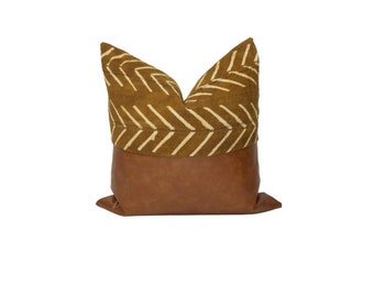 Authentic African Mud Cloth Pillow Cover, Cognac Faux Leather Pillow, Color Block Pillow Cover