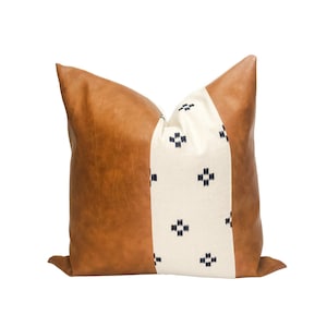 Cognac Faux Leather Pillow Cover: Cream & Blue Squares Accent, Mid-Century Modern Throw Pillow