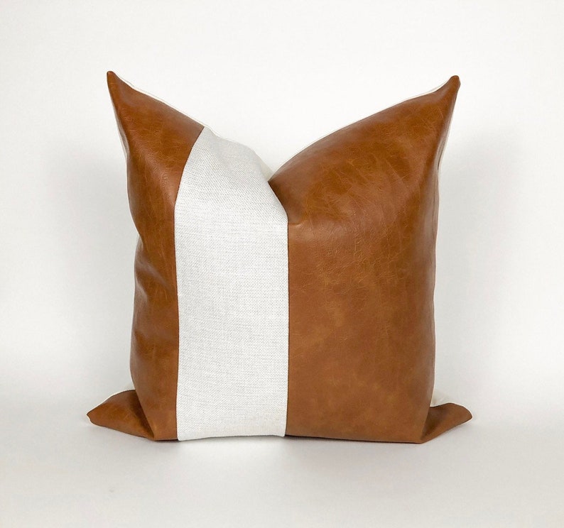 White Grey Textured Pillow Cognac Faux Leather Pillow Etsy