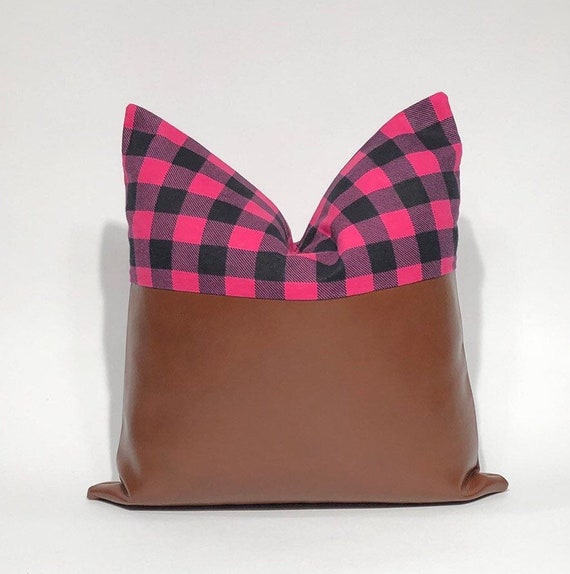 Faux Leather Throw Pillow Cover With Pink And Black Flannel Etsy