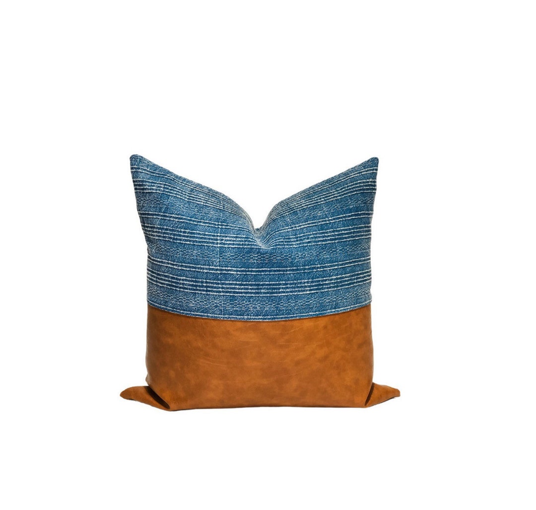 Blue Woven Faux Leather Pillow Cover Throw Pillow Cover Color Block