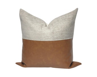 Mid-Century Modern Pillow Cover: Grey Beige & Cognac Faux Leather, Throw Pillow