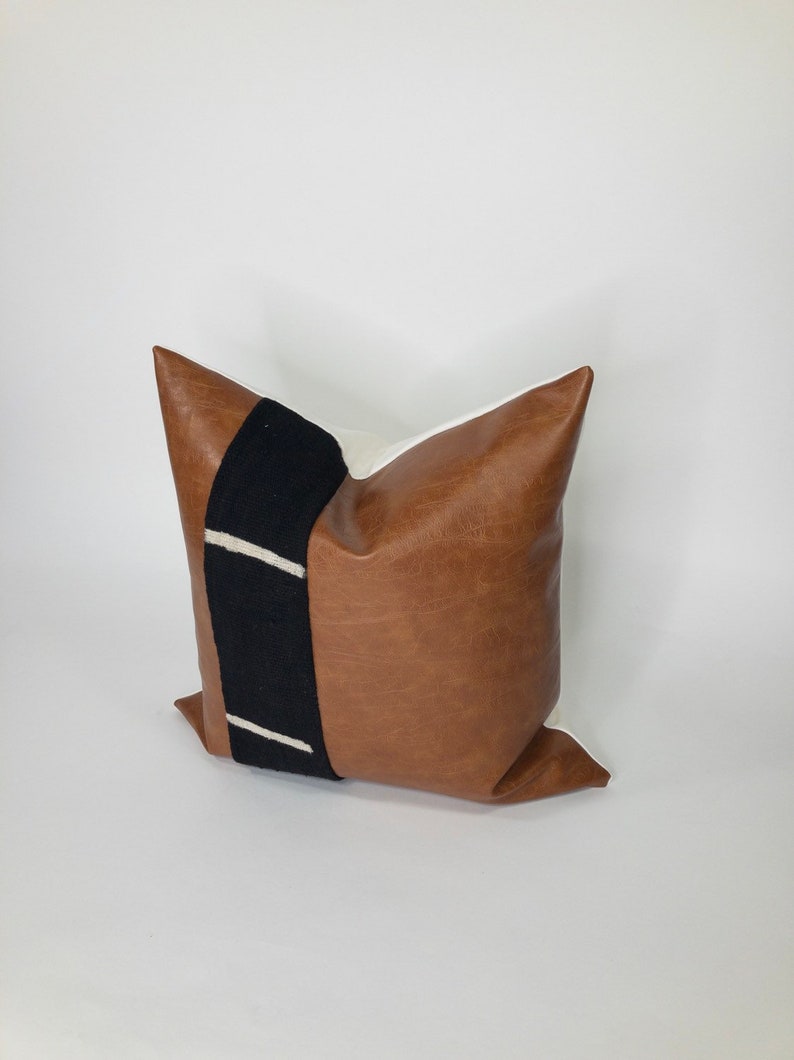 Mudcloth Pillow Faux Leather Pillow Throw Pillow Cover Home Decore Decorative Pillow Cover Mid Century Modern Color Block Pillow image 3