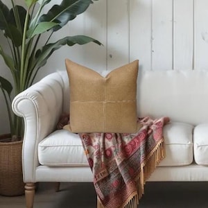 Tan Faux Leather Pillow Cover, Hand Stitched, Modern Farmhouse Throw Pillow