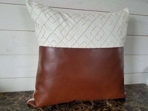 Faux Leather Throw Pillow With Cream Fabric Decorative Pillow Etsy