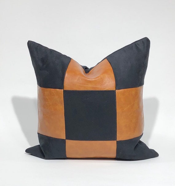 Cognac Faux Leather Black Faux Suede Decorative Pillow Etsy