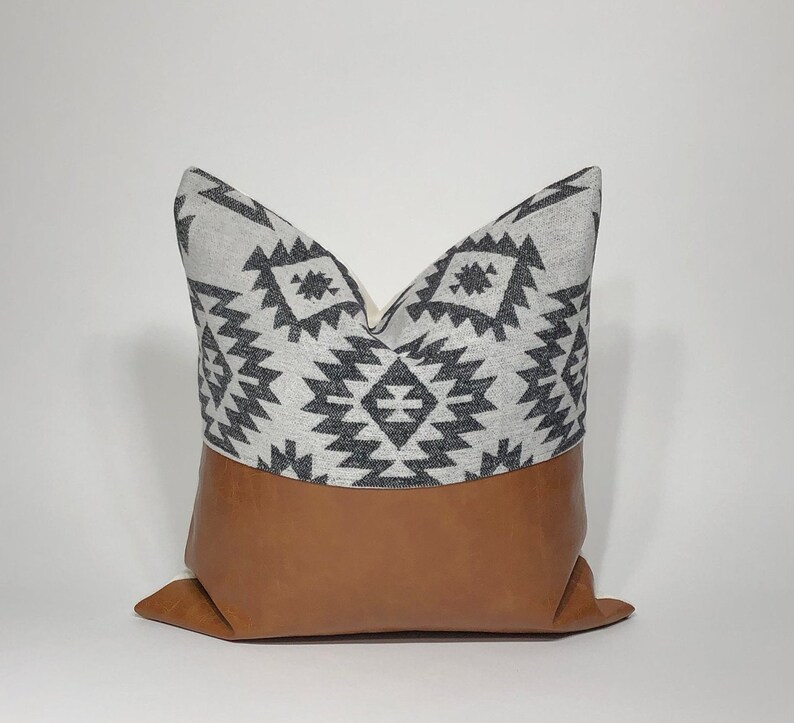 Boho Black White Pillow Cognac Faux Leather Throw Pillow Etsy