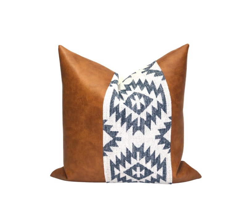 Boho Pillow Cover Decorative Pillow Cover Modern Pillow Cover Boho Blue Print Pillow Cover Throw Pillow Cover Cognac Faux Leather