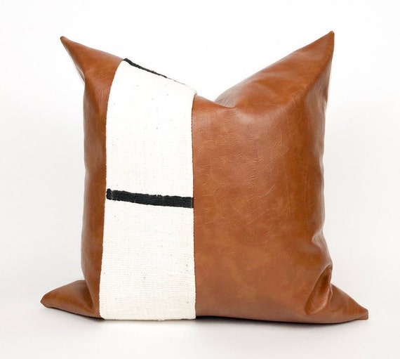 White Mudcloth Black Dash Cognac Faux Leather Throw Pillow Etsy
