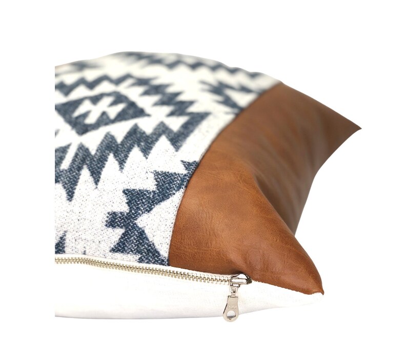 Boho Pillow Cover Decorative Pillow Cover Modern Pillow Cover Boho Blue Print Pillow Cover Throw Pillow Cover Cognac Faux Leather