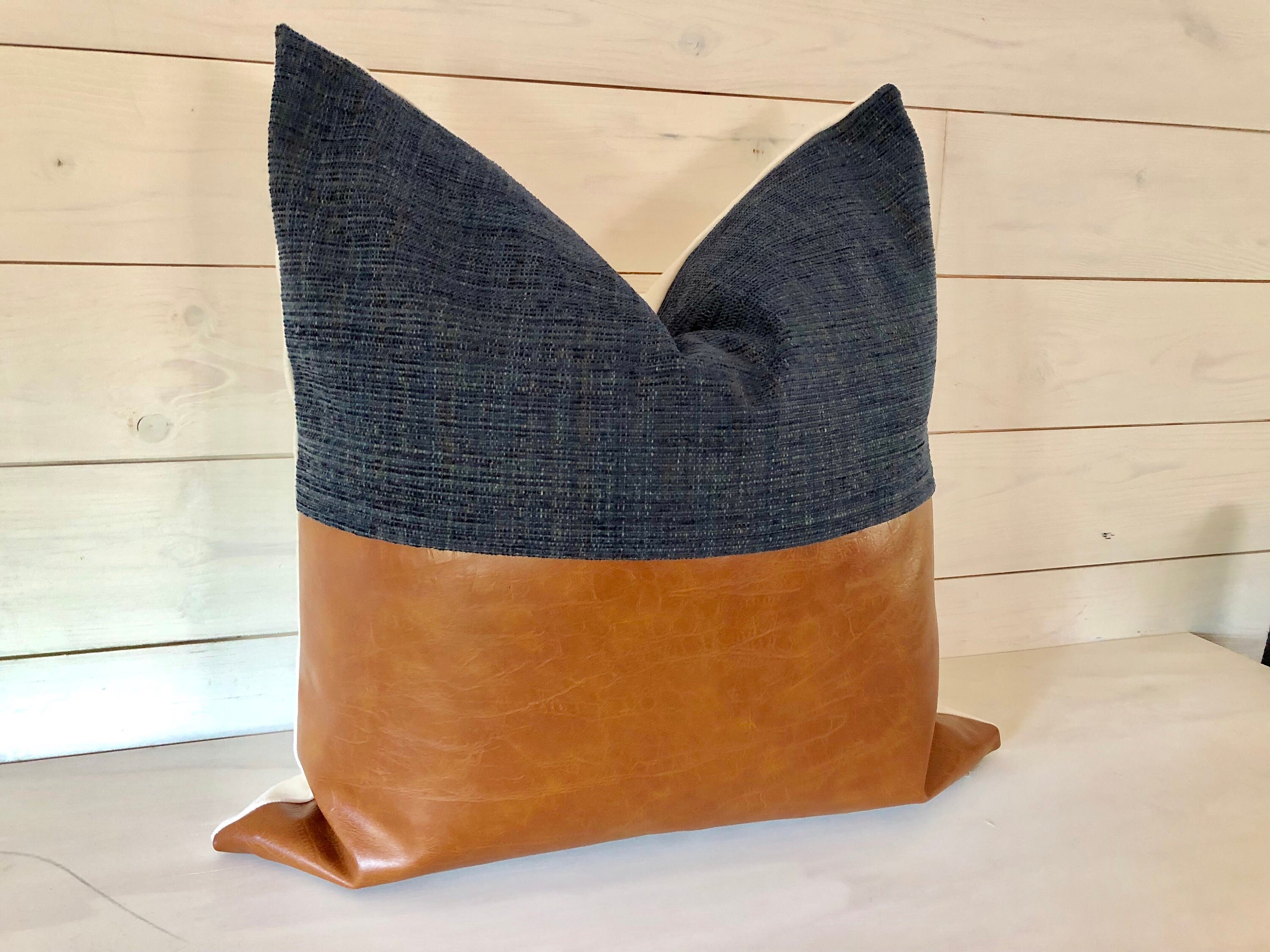 Navy Blue Woven Pillow Cognac Faux Leather Throw Pillow Etsy