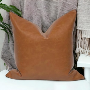 Cognac Faux Leather Pillow Cover: Rustic Modern Accent Cushion, Throw Pillow