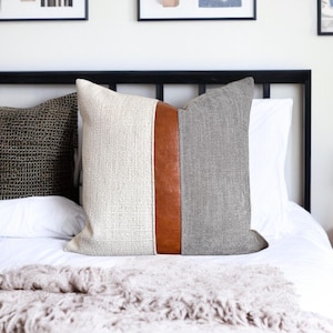 Cognac Faux Leather & Grey Woven Pillow Cover: Farmhouse Decorative Throw Cushions