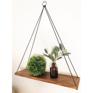 Wood Hanging Shelf: Handmade Farmhouse Decor with Black Rope & Silver Ring