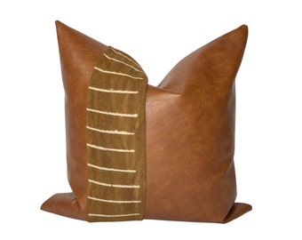 Authentic African Mud Cloth Pillow Cover, Cognac Faux Leather Pillow, Color Block Pillow Cover
