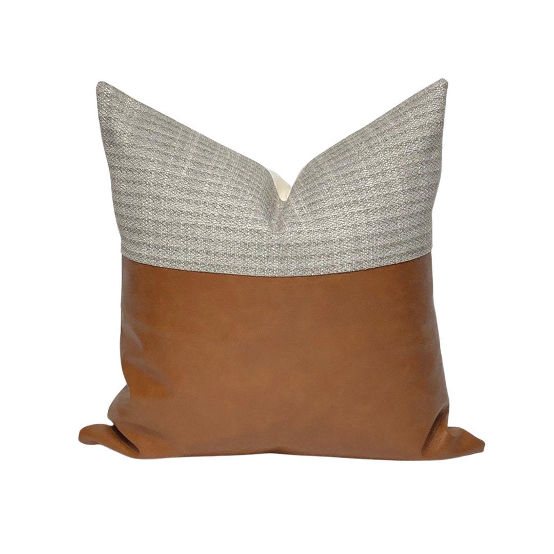 Grey Beige Woven Pillow Cover Cognac Faux Leather Throw Etsy