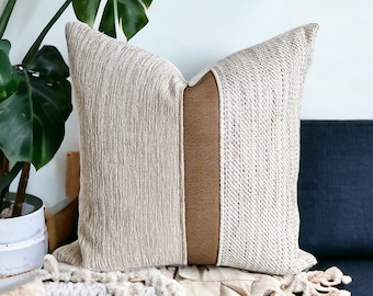 Decorative Pillow Cover, Faux Leather, Crean Woven Fabric, Farmhouse Pillow, Throw Pillow, Accent Pillow