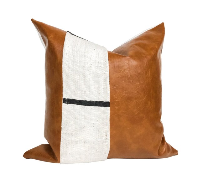 Faux Leather Pillow Cover White With Black Dash Mudcloth Etsy