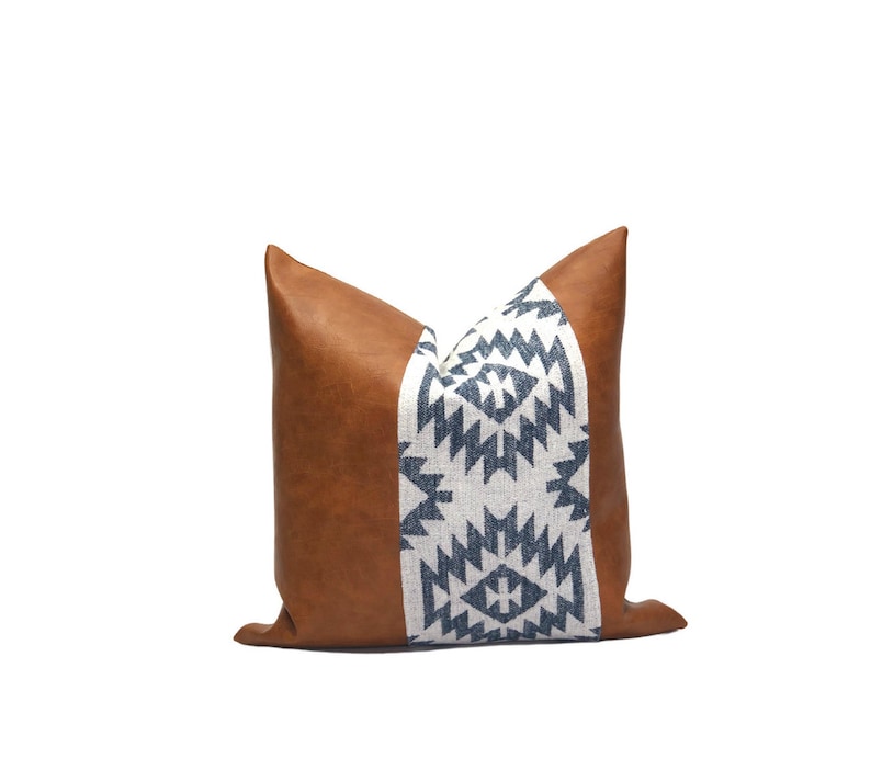 Boho Pillow Cover Decorative Pillow Cover Modern Pillow Cover Boho Blue Print Pillow Cover Throw Pillow Cover Cognac Faux Leather