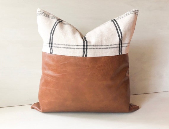 Faux Leather Throw Pillow Cover W Cream Black Plaid Fabric Etsy