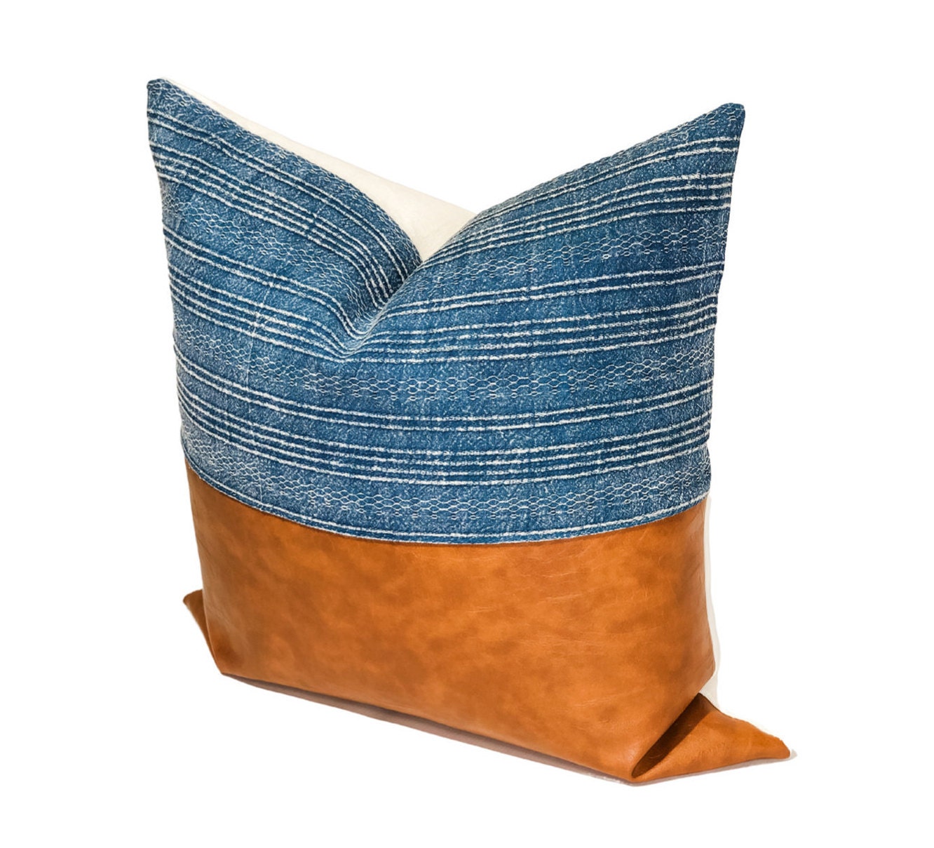 Blue Woven Faux Leather Pillow Cover Accent Pillow Throw Etsy