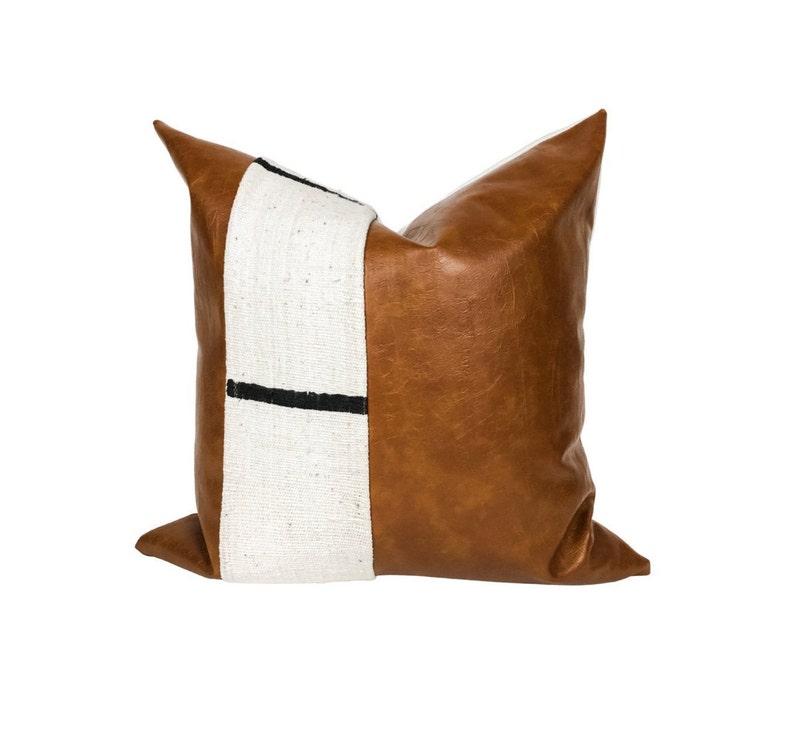 Faux Leather Pillow Cover White With Black Dash Mudcloth Pillow Cover image 4