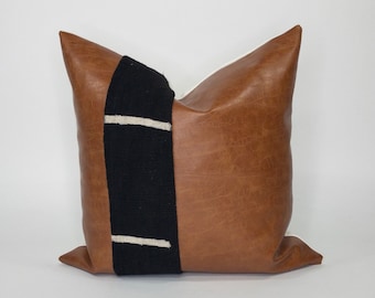 Mudcloth & Faux Leather Pillow Cover: Minimalist Cushion, Mid Century Modern Decor