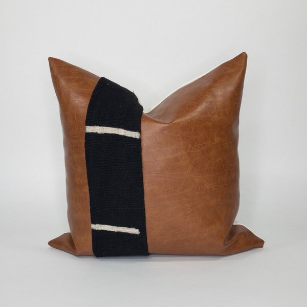 Mudcloth Pillow | Faux Leather Pillow | Throw Pillow Cover | Home Decore | Decorative Pillow Cover | Mid Century Modern | Color Block Pillow