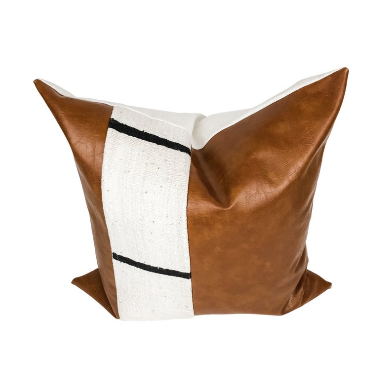 Faux Leather Pillow Cover White With Black Dash Mudcloth Pillow Cover image 3