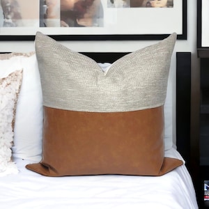 Mid-Century Modern Pillow Cover: Grey Beige & Cognac Faux Leather, Throw Pillow