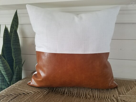 White Linen Fabric With Carmel Faux Leather Throw Pillow Cover Etsy