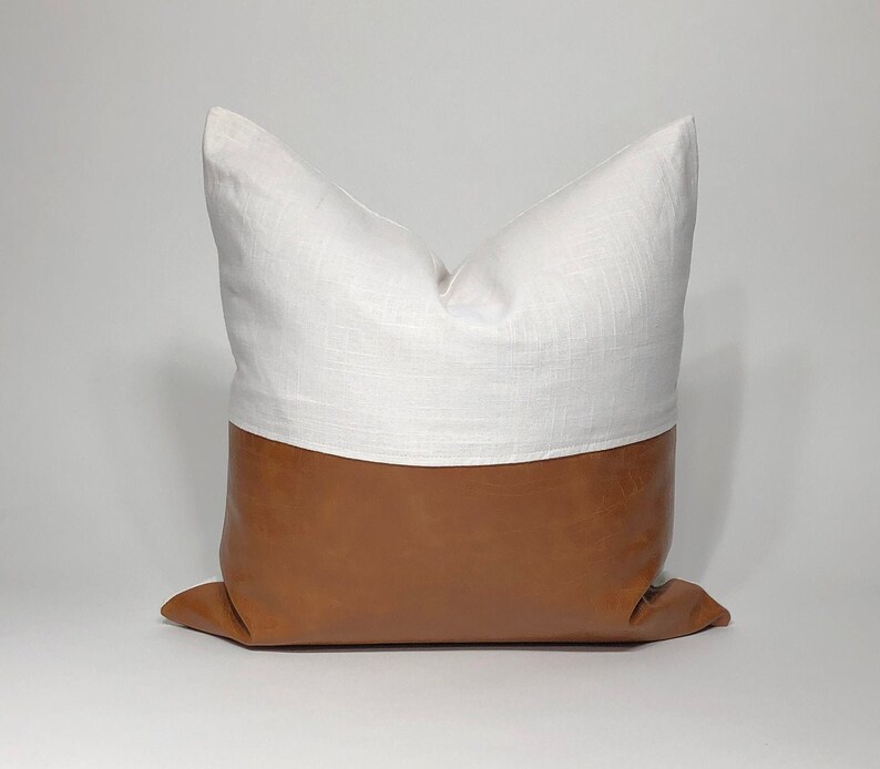 White Linen Pillow Cognac Faux Leather Throw Pillow Etsy