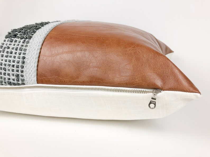 Grey Woven Textured Pillow Cover Cognac Faux Leather Throw Etsy
