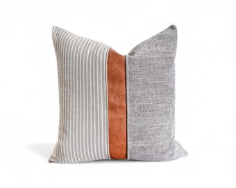 Grey & White Striped Pillow Cover: Cognac Faux Leather with Grey Woven Fabric, Farmhouse Decor